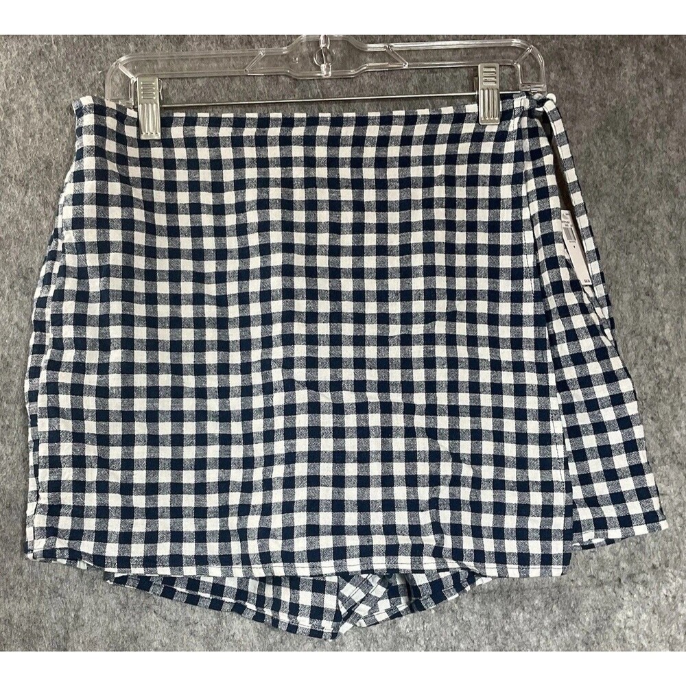 Old Navy Skort Shorts Womens Medium Blue Check Linen Blend Summer Cottage New